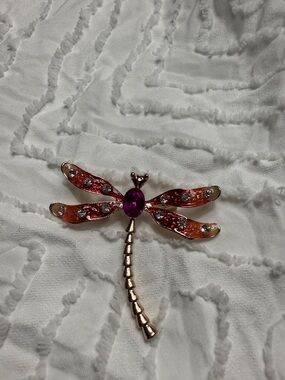 Dragonfly Brooch with Purple Center and Red-Orange Wings